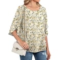 thumbnail image 3 of Nlife Women Floral Leaves Print Round Neck Split 3/4 Sleeve Blouse, 3 of 5