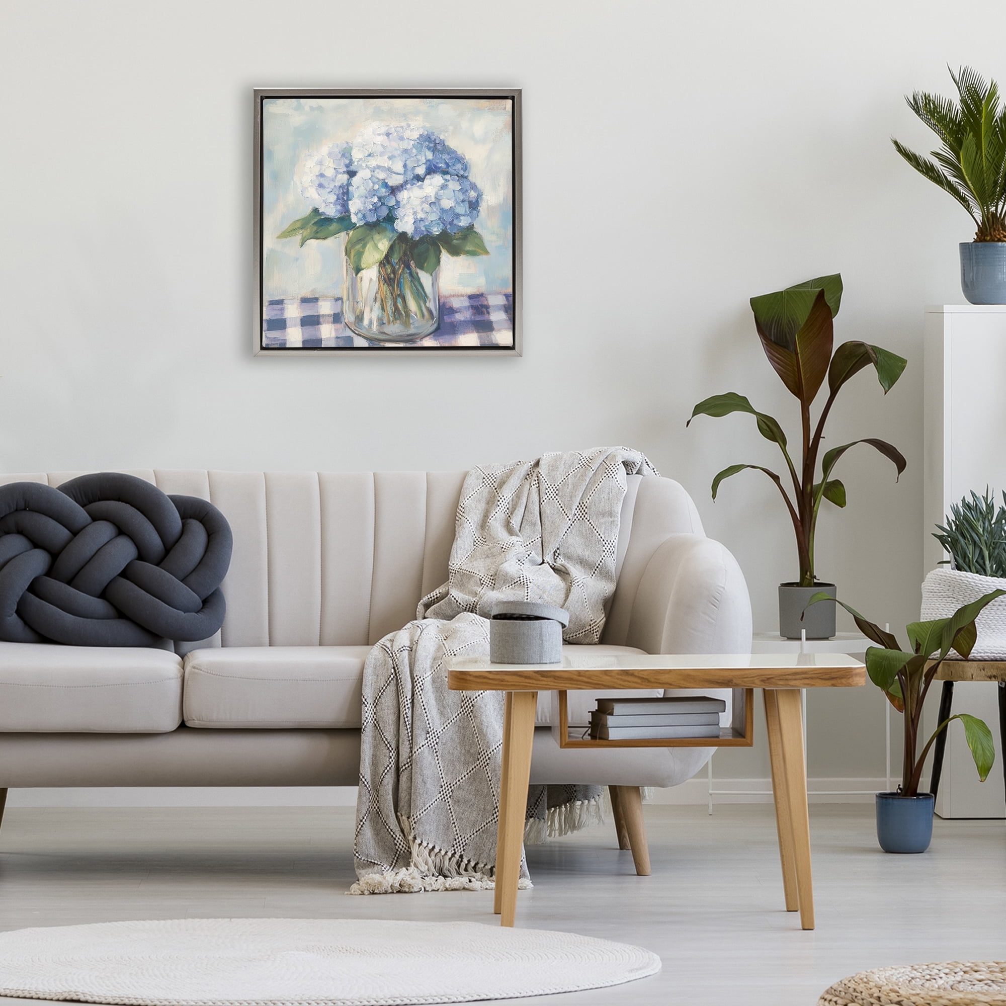 Stupell Industries Hydrangeas on Gingham Tablecloth Gray Framed Floater Canvas Wall Art, design by Petal Prints Design