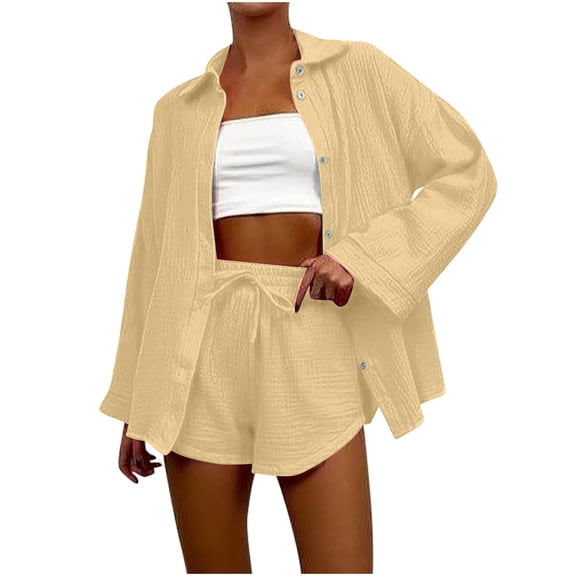 Simua Women's Cotton Outfit Set Casual Button Down Long Sleeve Shirt and Drawstring Shorts Pockets 2 Piece Lounge Set