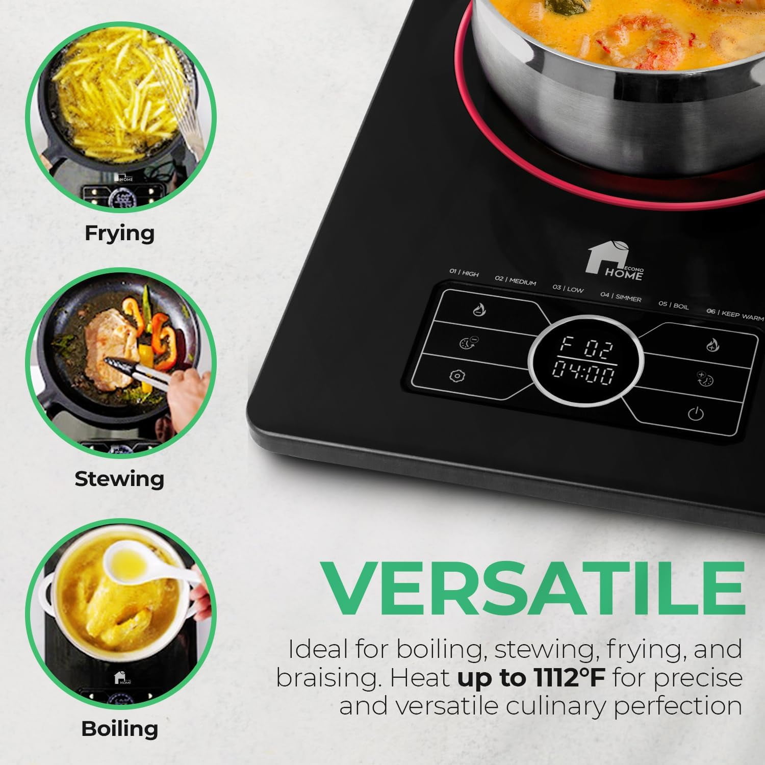 EconoHome Superconductor Portable Cooktop - Extra Thin & Portable Electric Stove for Cooking, Kitchen, Home, Apartment, Dorm - Stainless Steel, Microcrystalline Glass Burner - Adjustable Temperature