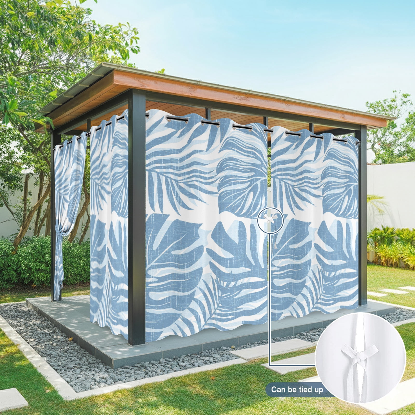 Coastal Blue Palm Leaves Outdoor Curtains for Patio, Tropical Botanical Minimalist Modern Sunshade Privacy Drapes Grommet Waterproof Outside Curtains for Porch/Cabana/Balcony 54"x 108", 1 Panel