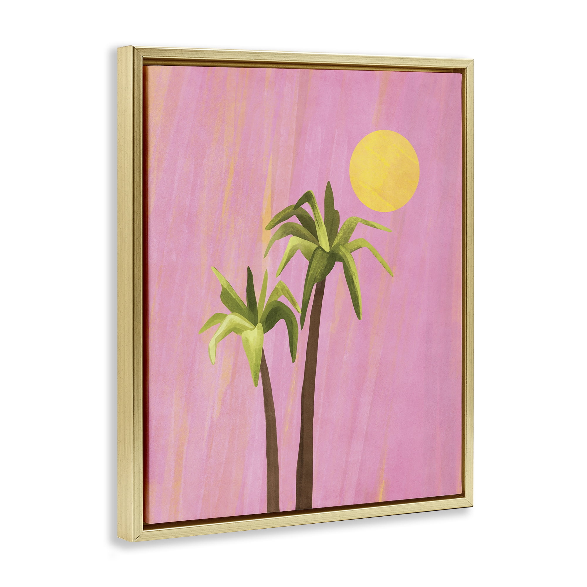 Stupell Industries Sunny Palm Trees Pink Plants & Flowers Painting Gold Floater Framed Canvas Art Print Wall Art, 17 x 21