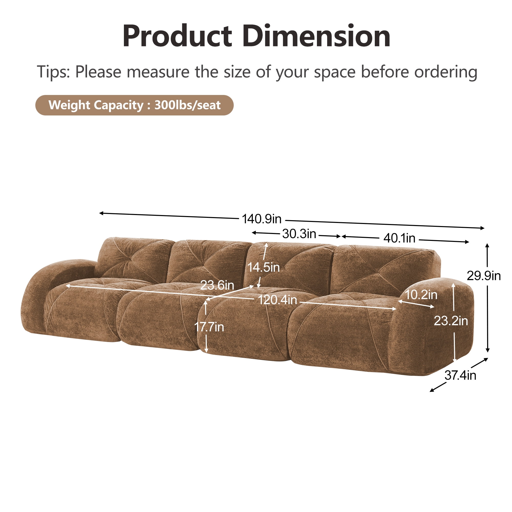 AISWORD 140" 4-Seat Extra-Wide Modular Cloud Sectional Sofa, Ultra-Soft Boneless Sectional with 32D High-Density Foam & Anti-Slip Bottom, No Assembly Required