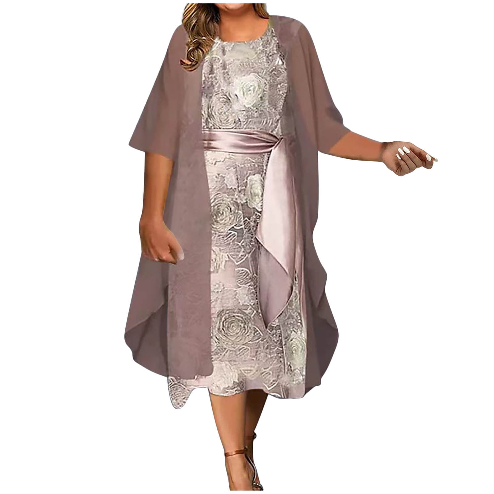 fartey Women Plus Size Two Piece Set Roomy Sleeveless Crewneck Floral Print Maxi Dress with Solid Color 3/4 Sleeve Cardigan Suits, S-5XL