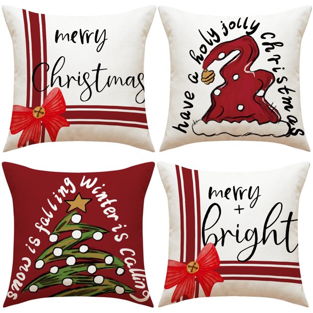 Decoración de vacaciones felices de Navidad con fundas de almohada, decoración del sofá de fundas de almohada de la granja de invierno con lino(B)(4 piezas)