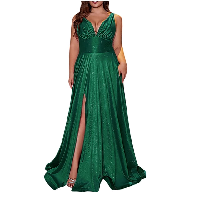 Pisexur Robe Cocktail pour Femmes Col en V Profond Sans Manches Robes d'Invité de Mariage Couleur Unie Robe de Soirée Fluide Tunique Fendue Robe Maxi Grande Taille pour Femmes Courbes TG-4TG