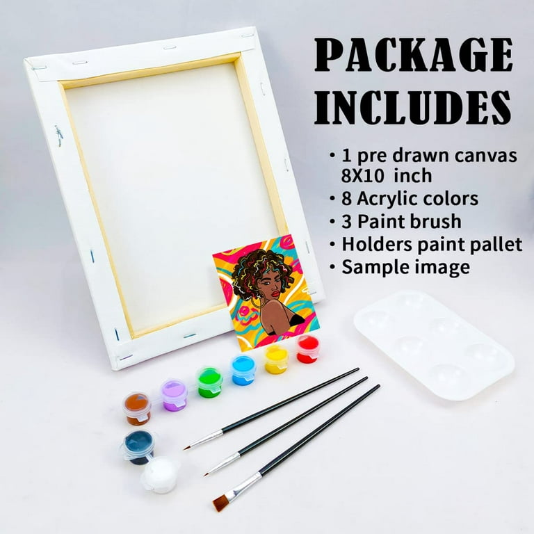 VOCHIC Canvas Painting Kit Pre Drawn Canvas for Painting for Adults Party  Party Kits Paint and Sip Party Supplies 8x10 Canvas to Paint Chic Girl 8  Acrylic Colors,3 Brush,1 Pallet Paint Art