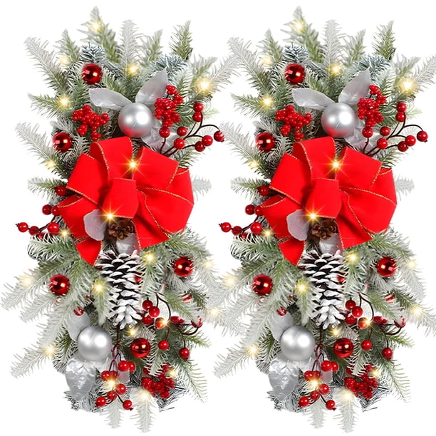 2 guirnaldas navideñas con luces LED, guirnaldas navideñas preiluminadas con lazo rojo, guirnaldas de ramas de pino artificiales con piñas y bayas rojas, guirnalda navideña para interiores y exteriore