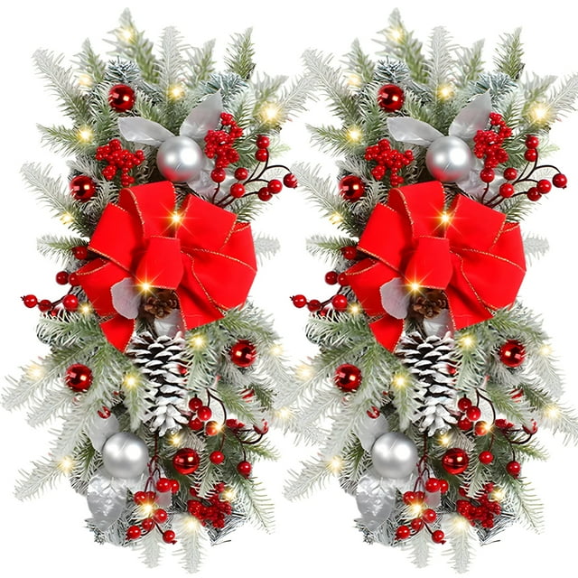 2 guirnaldas navideñas con luces LED, guirnaldas navideñas preiluminadas con lazo rojo, guirnaldas de ramas de pino artificiales con piñas y bayas rojas, guirnalda navideña para interiores y exteriore