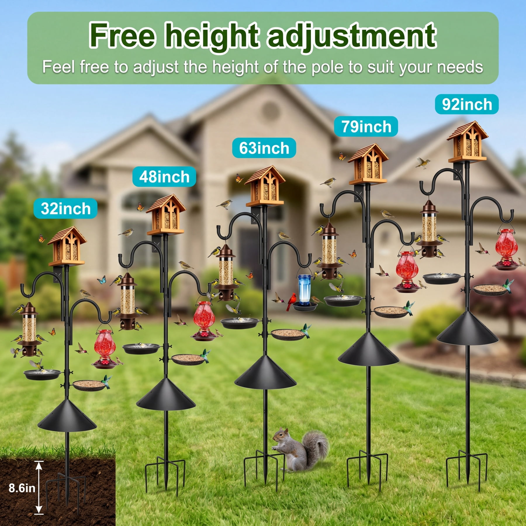 Umailgoo 92" Bird Feeding Station,Heavy Duty Bird Feeder Pole Bird House Stand Mount Kit with Squirrel Proof Baffle,Adjustable Buddy Poles for Outdoors Hanging
