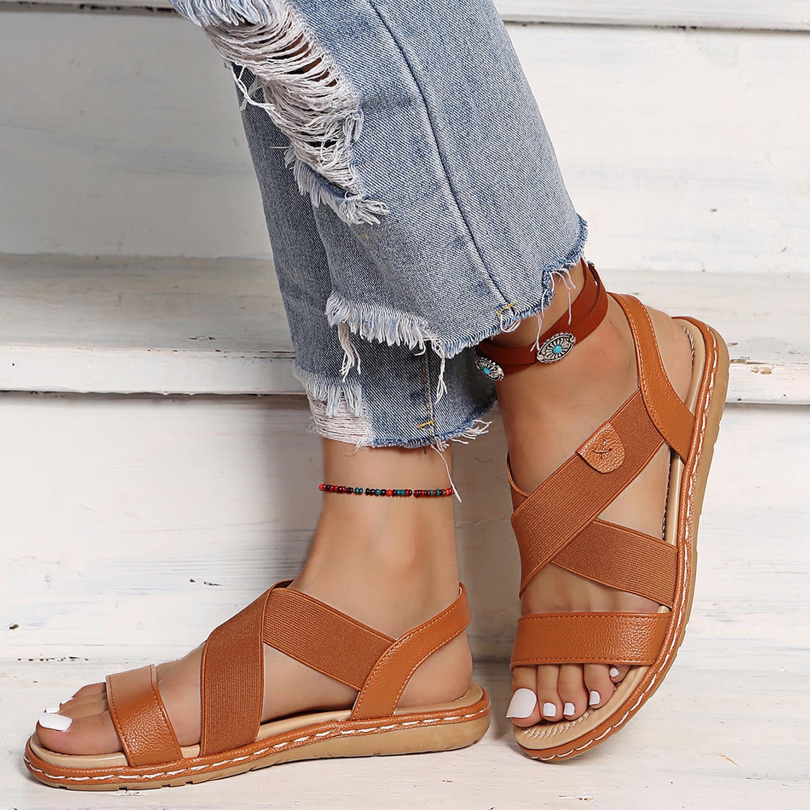 Hvyes Flat Elastic Sandals for Women Dressy, Comfort Slip-on Elastic ...