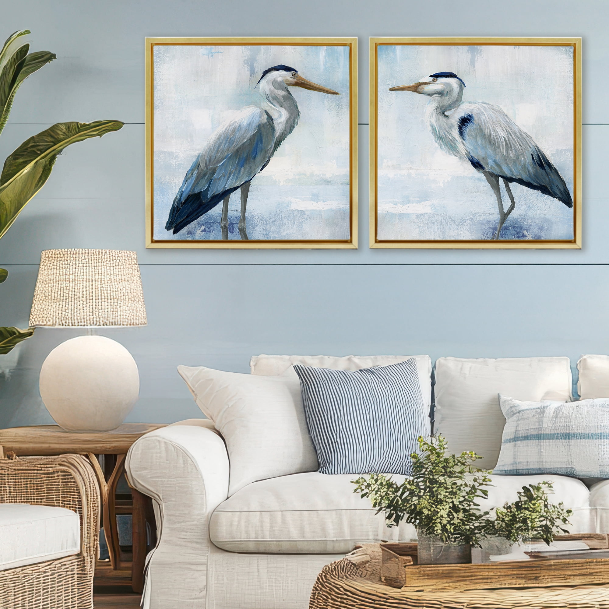 Stupell Industries Faded Blue Coastal Herons 2 Piece Gold Framed Floater Canvas Set, design by Nan