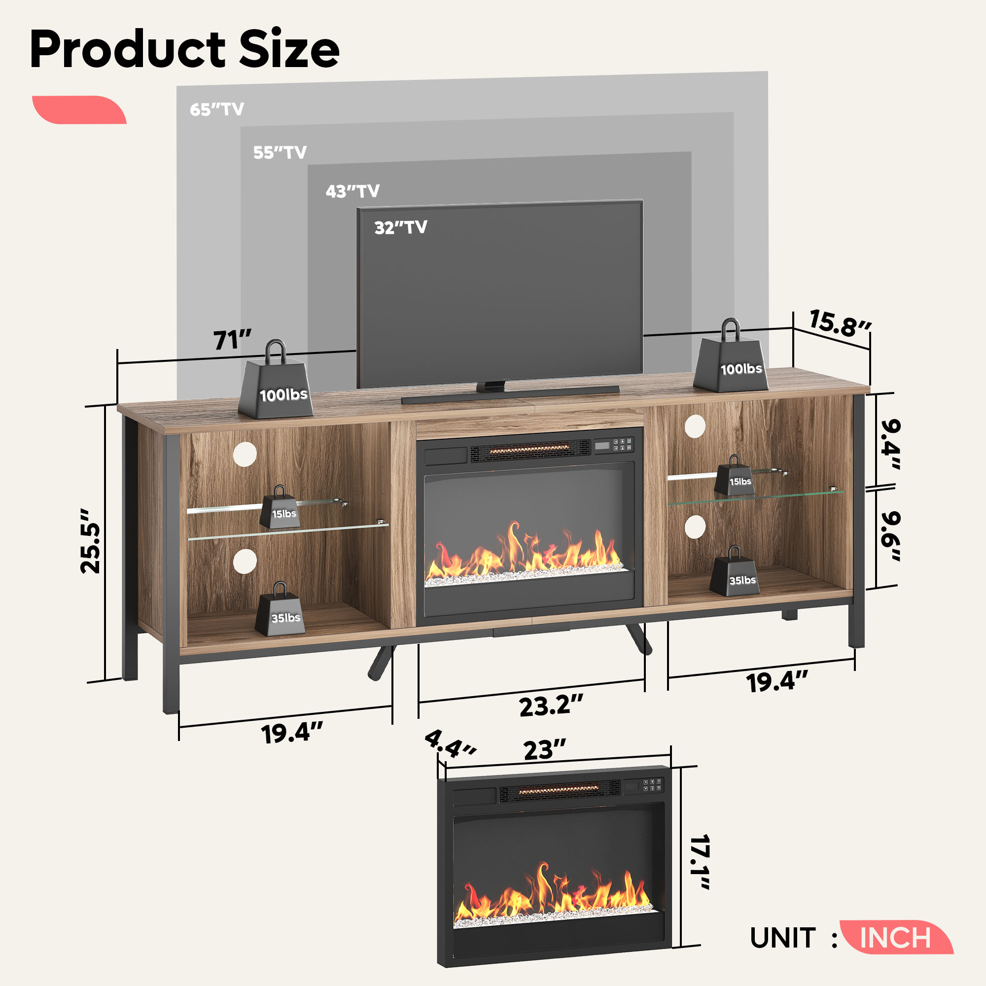 Bestier Modern Electric Crystal Fireplace TV Stand with LED Lights for TVs up to 80", Entertainment Center with Glass Shelves,Pinewood
