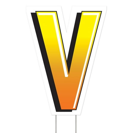 Beistle Plastic Letter V Yard Sign with Metal Stakes-Happy Birthday Party Outdoor Lawn Decoration, 18" x 13.3", Yellow/Orange/White/Black