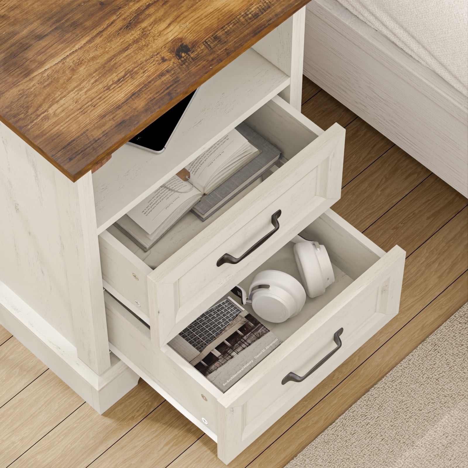 Hommpa 2 Drawers Farmhouse Nightstand with Charging Station, Rustic Bedside Tbale with Drawers for Bedroom, Vintage End Table with Open Shelf for Living Room, Side Table, White