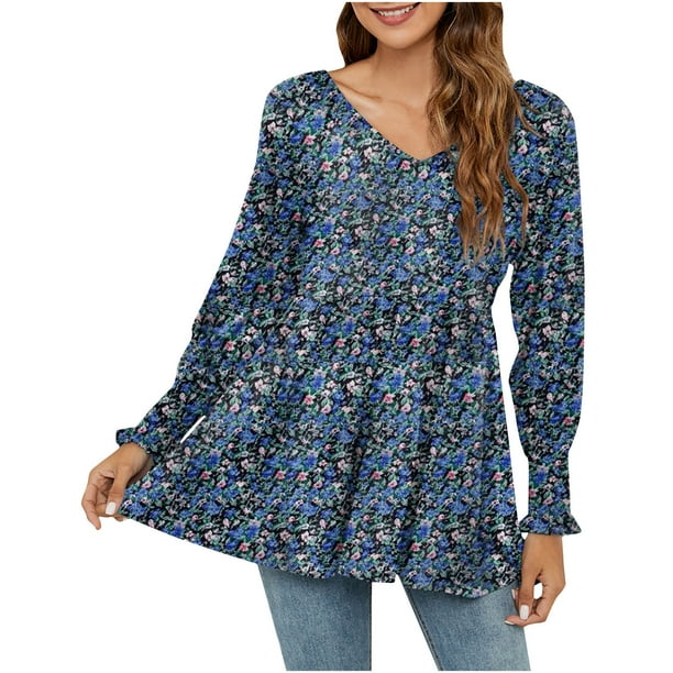 Camisas Para Mujer de Gran Tamaño de Moda Otoño Invierno Blusa Con Cuello en V Estampado Puff Manga Larga Camiseta Tops Odeerbi ODB133215