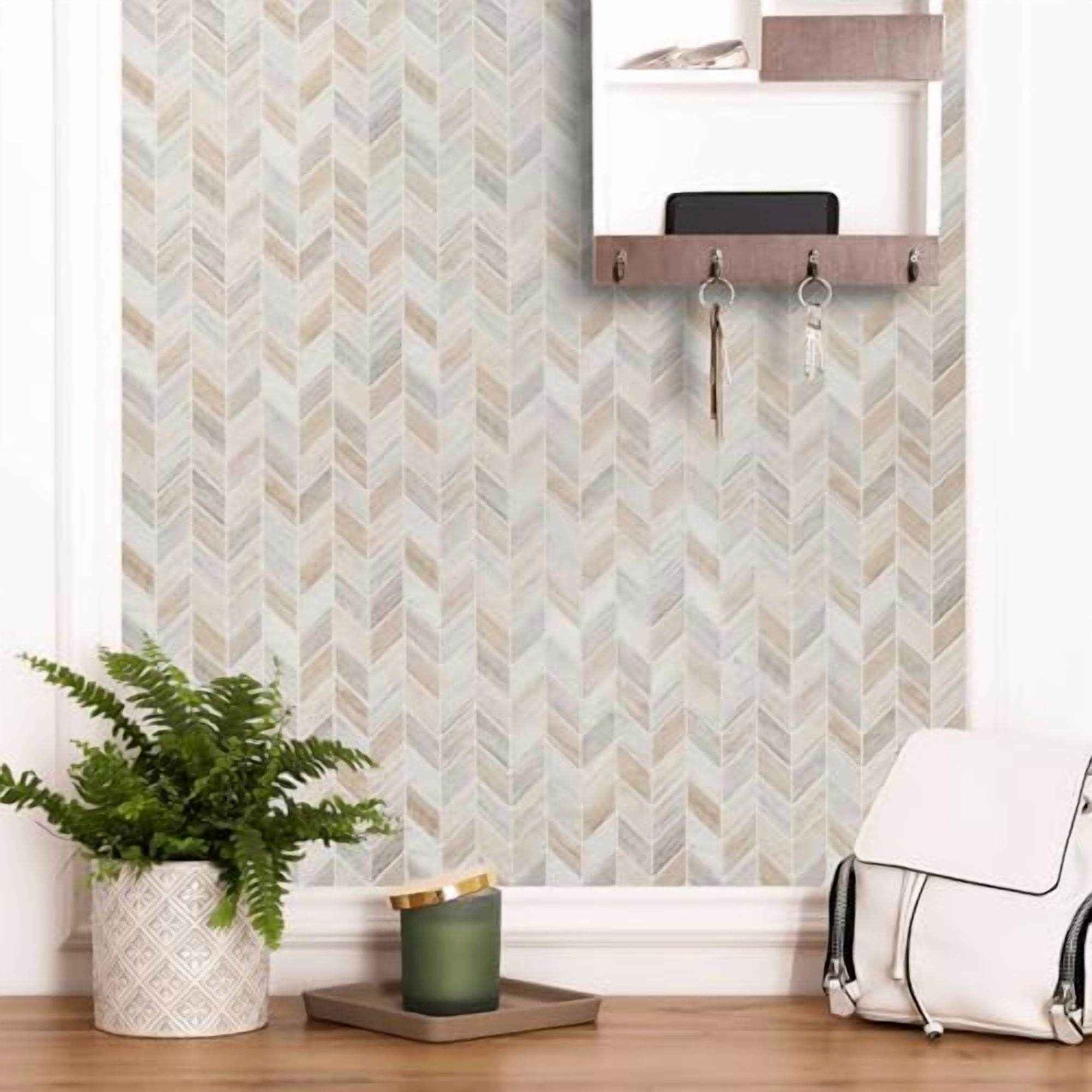 Main Street Peel & Stick Wallpaper Tiles, Earth Herringbone, 8 in x 8 in, 24 Pack, Self Adhesive Wall Tiles for Kitchen Backsplash and Home Decor