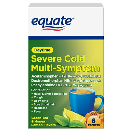Equate Daytime Severe Cold & Flu Relief, Green Tea Honey Lemon, Non-Drowsy, 6 Packets
