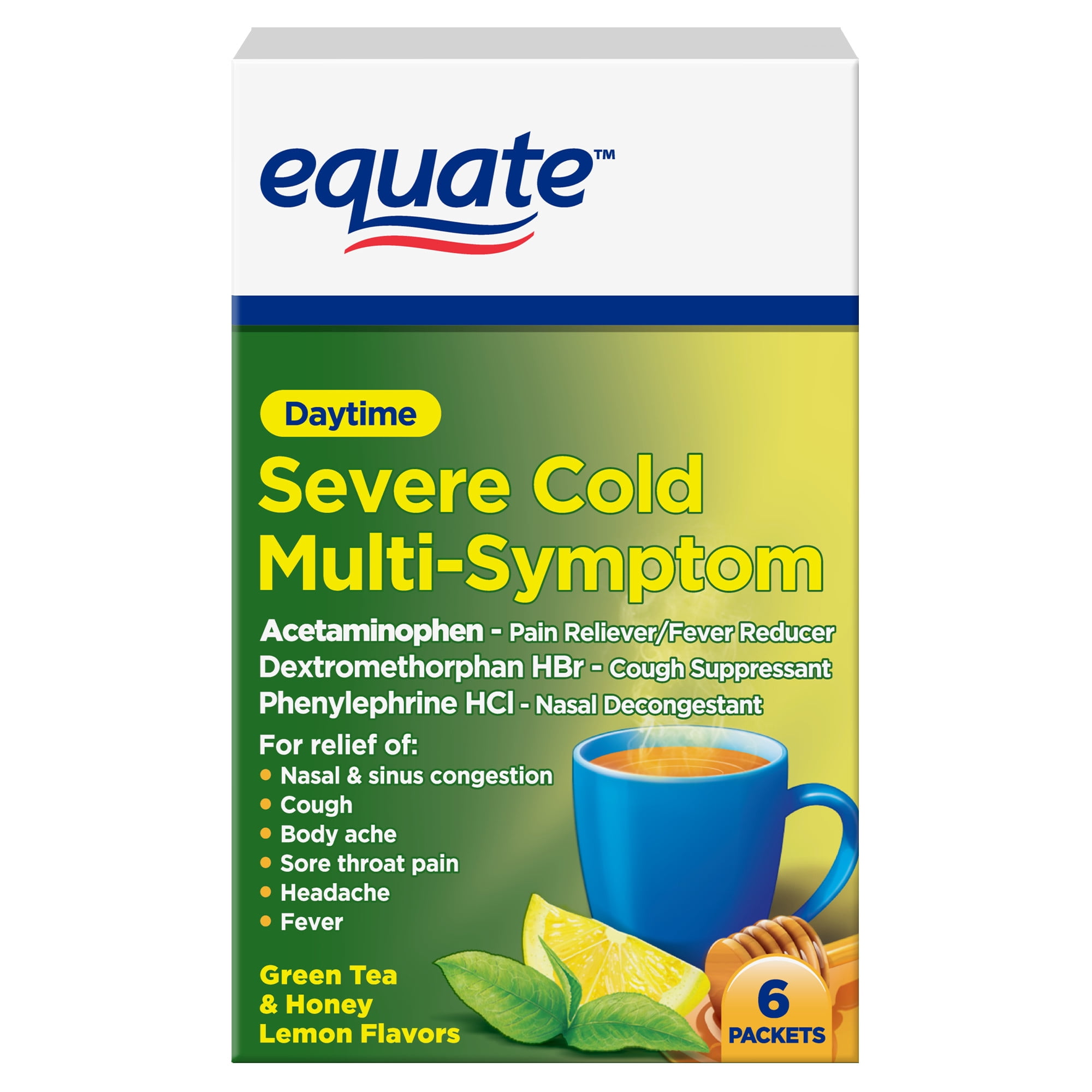 Equate Daytime Severe Cold & Flu Relief, Green Tea Honey Lemon, Non-Drowsy, 6 Packets