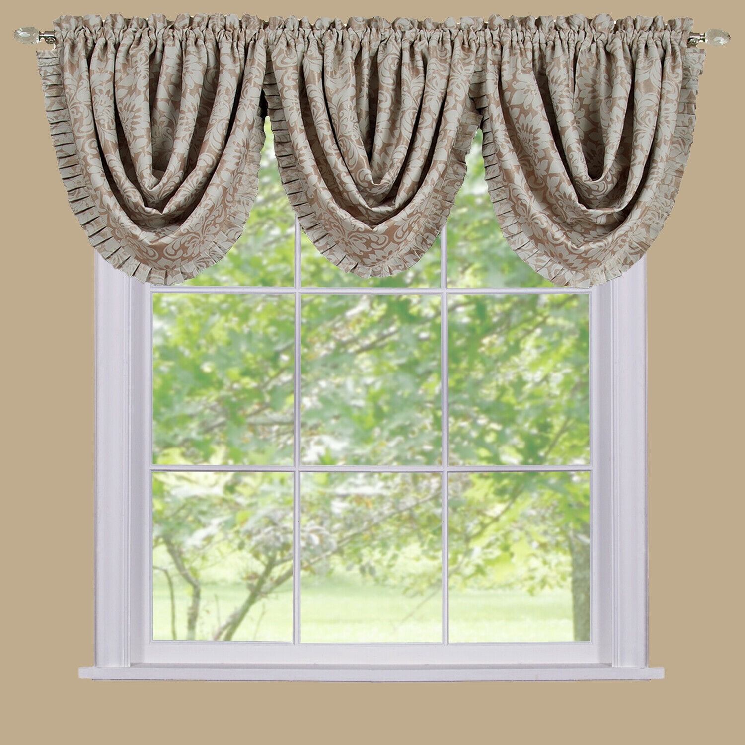 Complete 5 Pc. Damask Thermal Blackout Rod Pocket Window Curtains & Valances Set - Linen, 63 in. Long