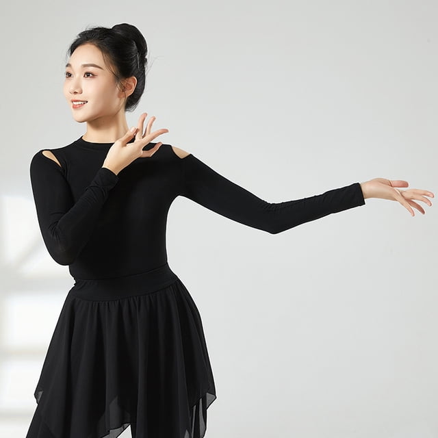 Traje de baile latino para mujer adulta, camiseta de manga larga, ropa de práctica de baile, ropa de baile modal negra, cuerpo