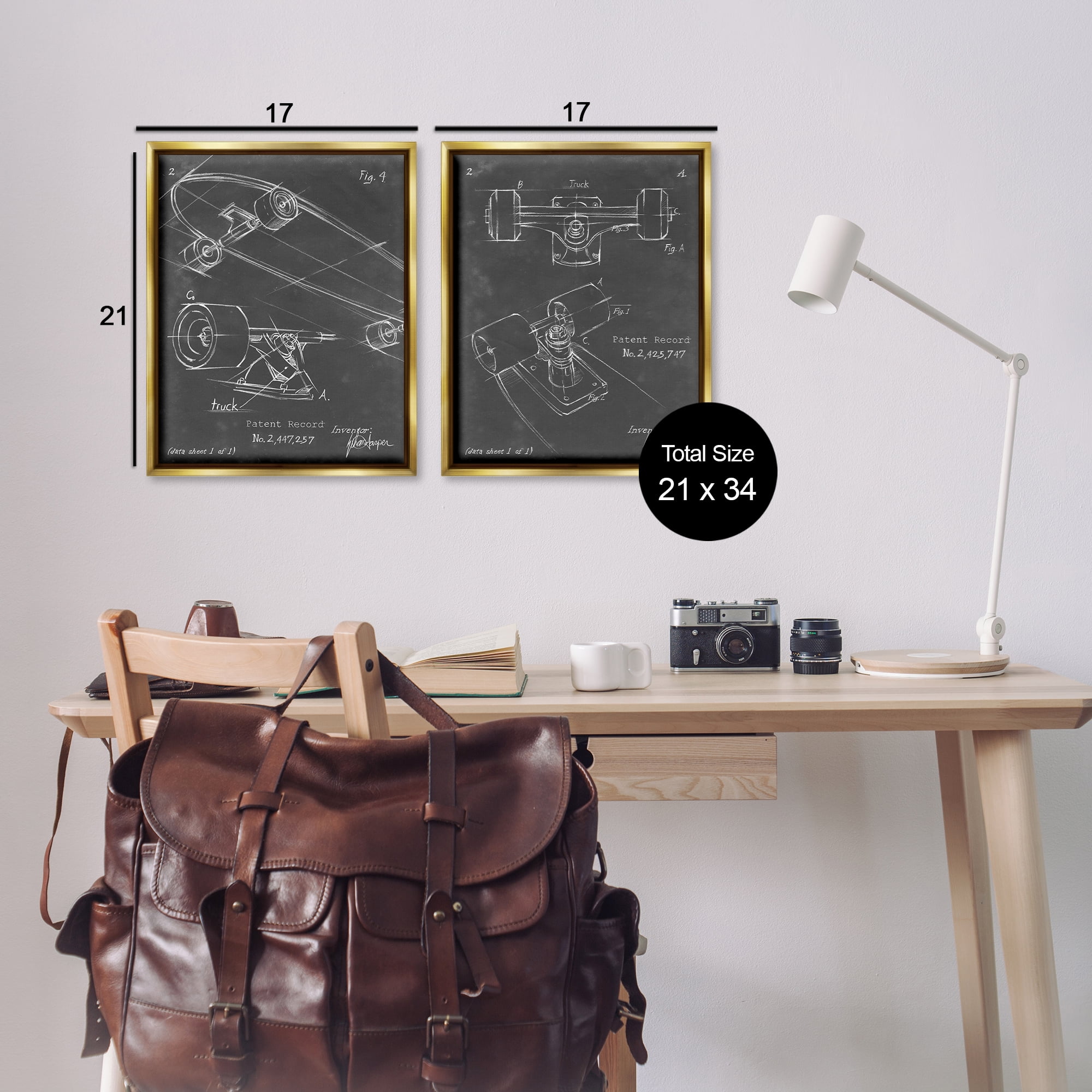 Stupell Industries Patent Diagram of Skateboard Sports Painting Gold Floater Framed Canvas Art Print Wall Art, 17 x 21, Set of 2