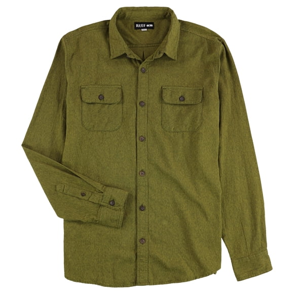 Reef Mens Rask Button Up Shirt, darkgreen, S Neck