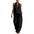 thumbnail image 4 of NMMUED Linen Set for Women’s Cotton Linen 2 Piece Set Summer Casual Lounge Halter Neck Top Wide Leg Pants Breathable Loose Fit Comfy Outfit Women Lounge Set Black L, 4 of 4