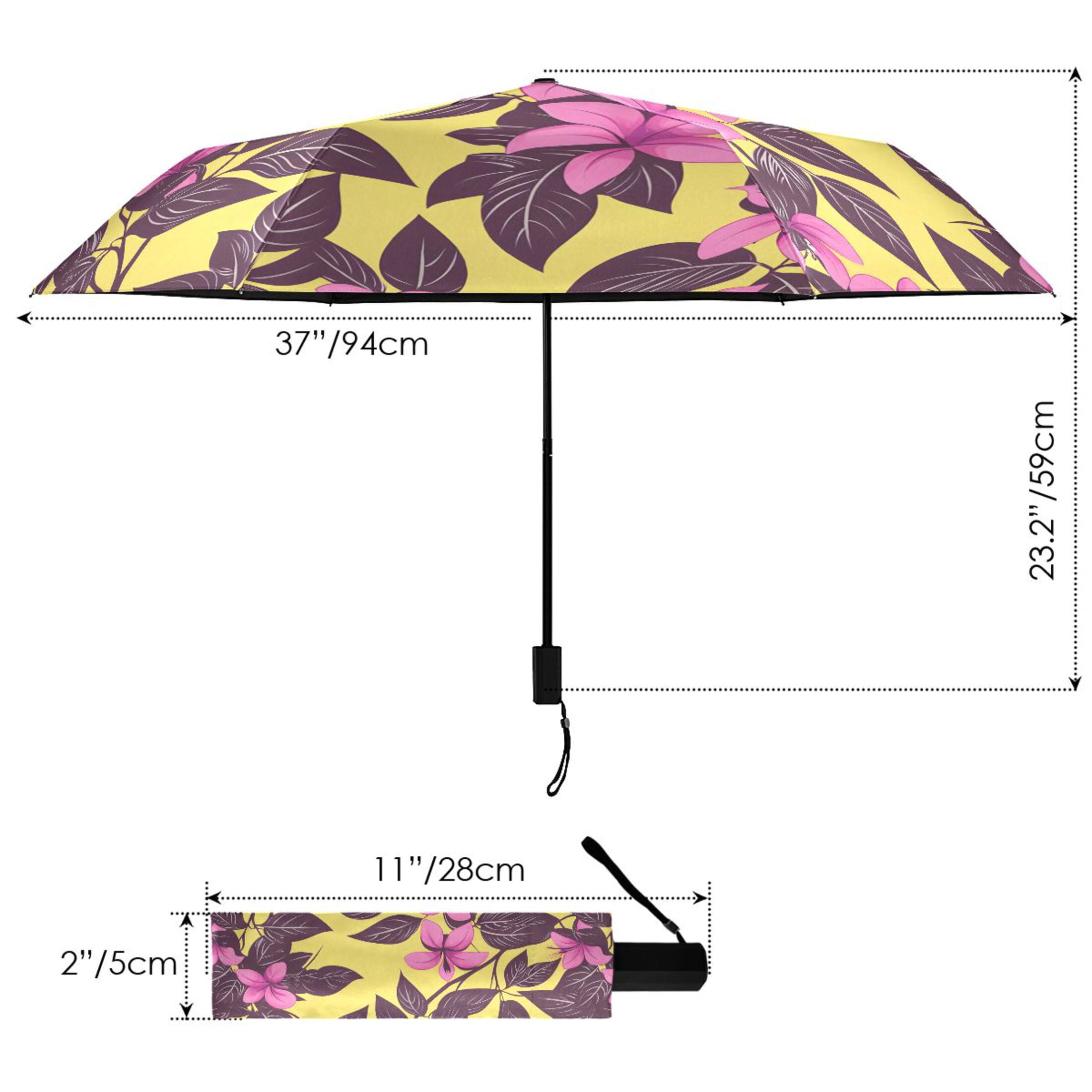 Magenta Flower and Purple Leaves Compact Sun Umbrella Windproof Travel Umbrellas for Rain Strong Portable UV Protection