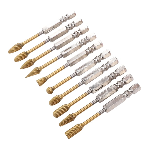 Juego De Fresas Rotativas De 10 Uds., Vástago De 1/4 Pulgadas, Acero De Tungsteno Chapado En Ti, Brocas De Doble Corte Para Metal, Madera, Piedra, Molienda, Desbarbado Y Tallado