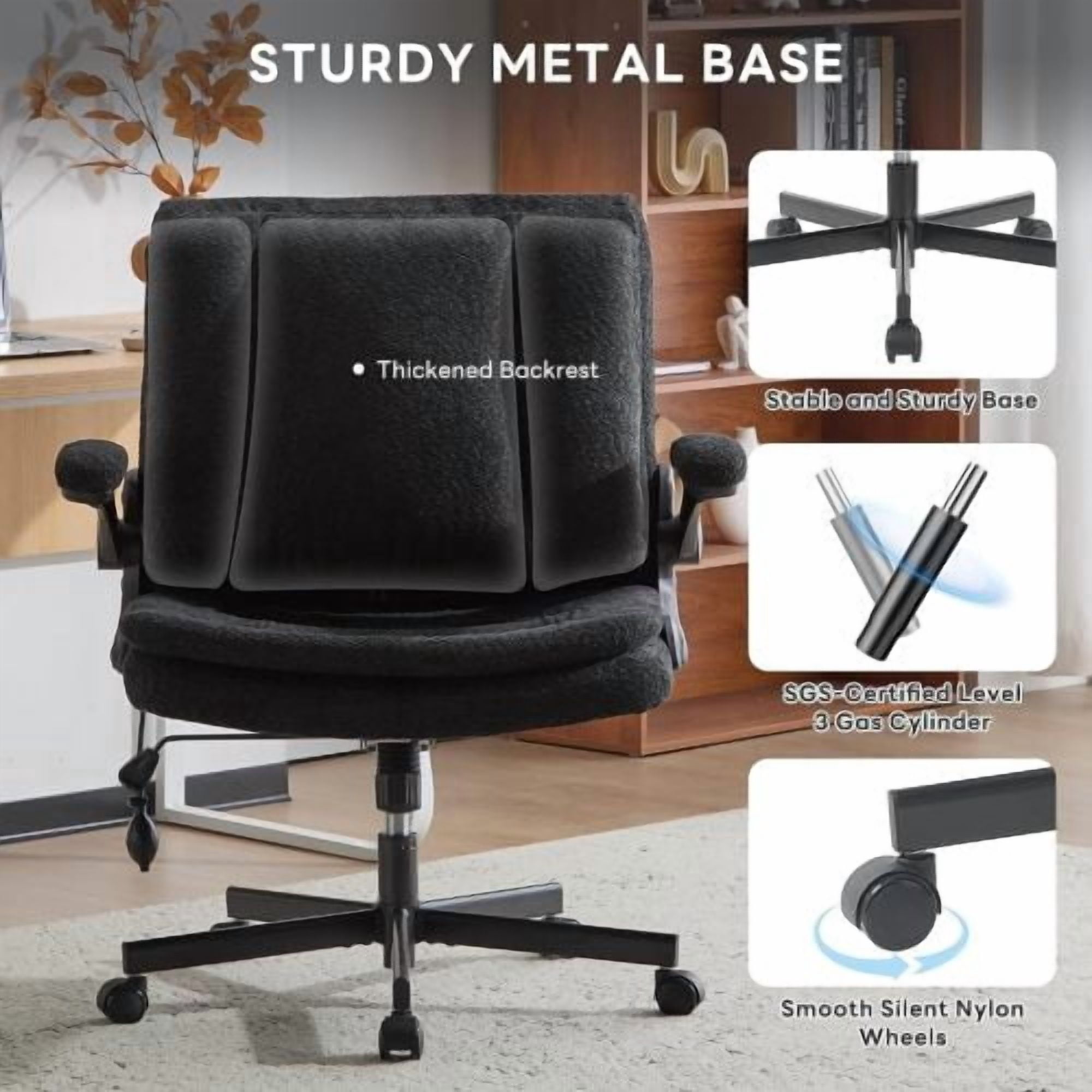 Criss Cross Legged Office Chair with Flip-Up Back, Built-In Dynamic Airbag Lumbar Support, Wide Seat Desk Chair with Flip-Up Arms, Modern Cross-Leg Chair for Home Office, Vanity, Black