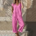 thumbnail image 2 of Jinhomg Linen Jumpsuits for Women Cap Sleeve Button Down V Neck Overalls Loose Wide Leg Beach Daily Rompers with Pockets Pink XXL, 2 of 8