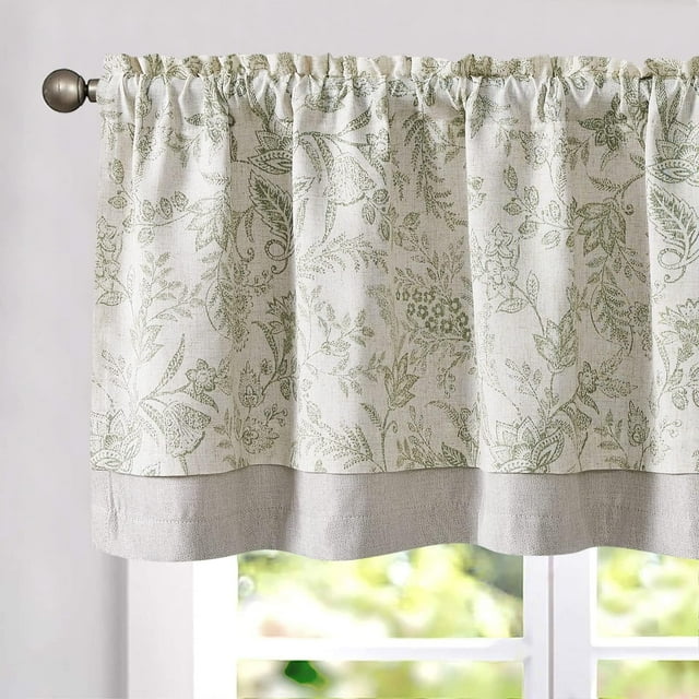 Farmhouse Linen Blend Valance Curtain for Kitchen Floral Rustic Double Layer Blackout Rod Pocket Window Topper Treatment 18 Inch Green on Beige