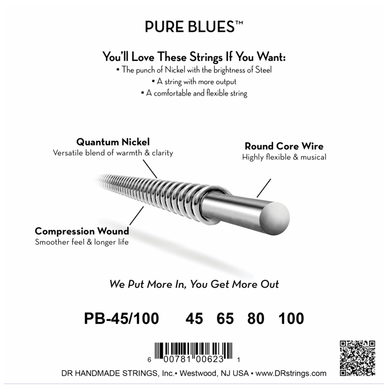DR Strings PURE BLUES Medium-Lite 4-String Bass Strings (45-100)