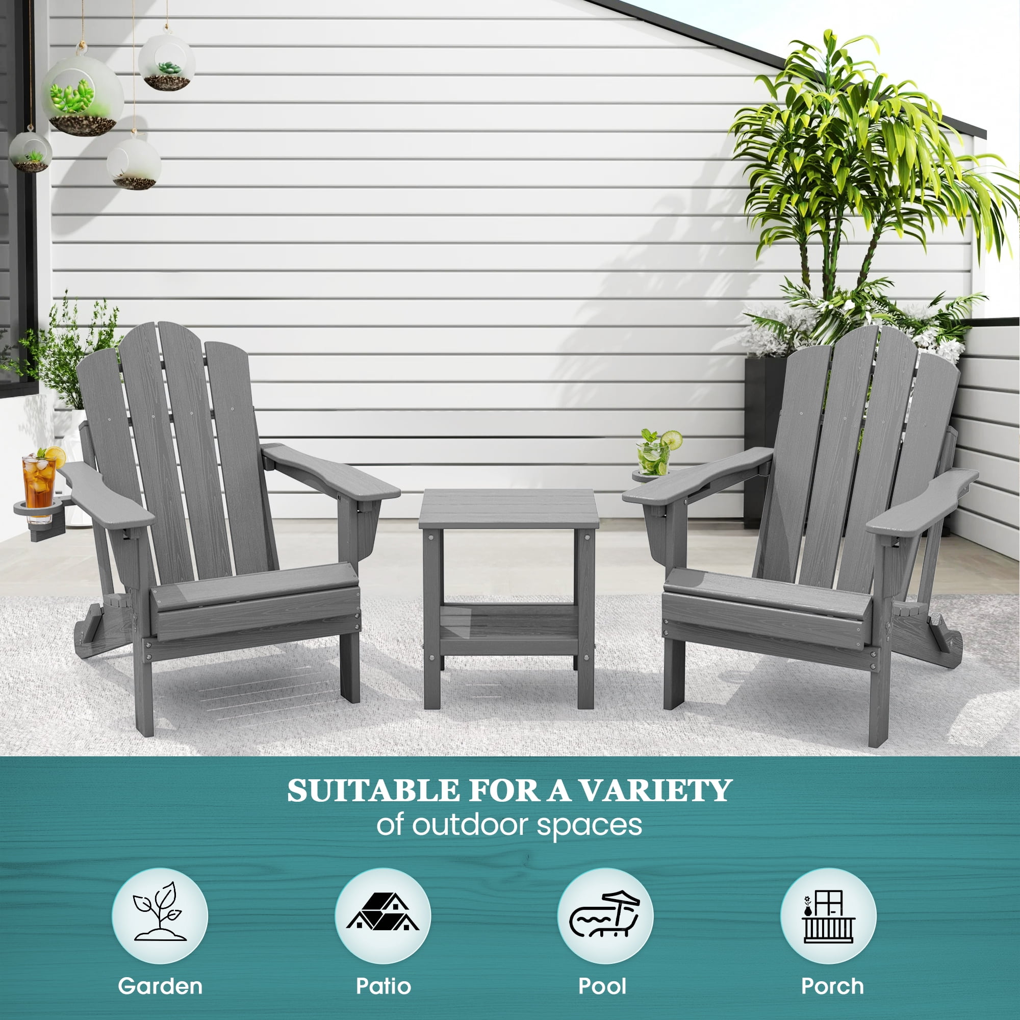 KINGYES Folding Adjustable Adirondack Chair, All Weather Use Reclining Adirondack Chair, HDPE Adirondack Outdoor Chair - Grey