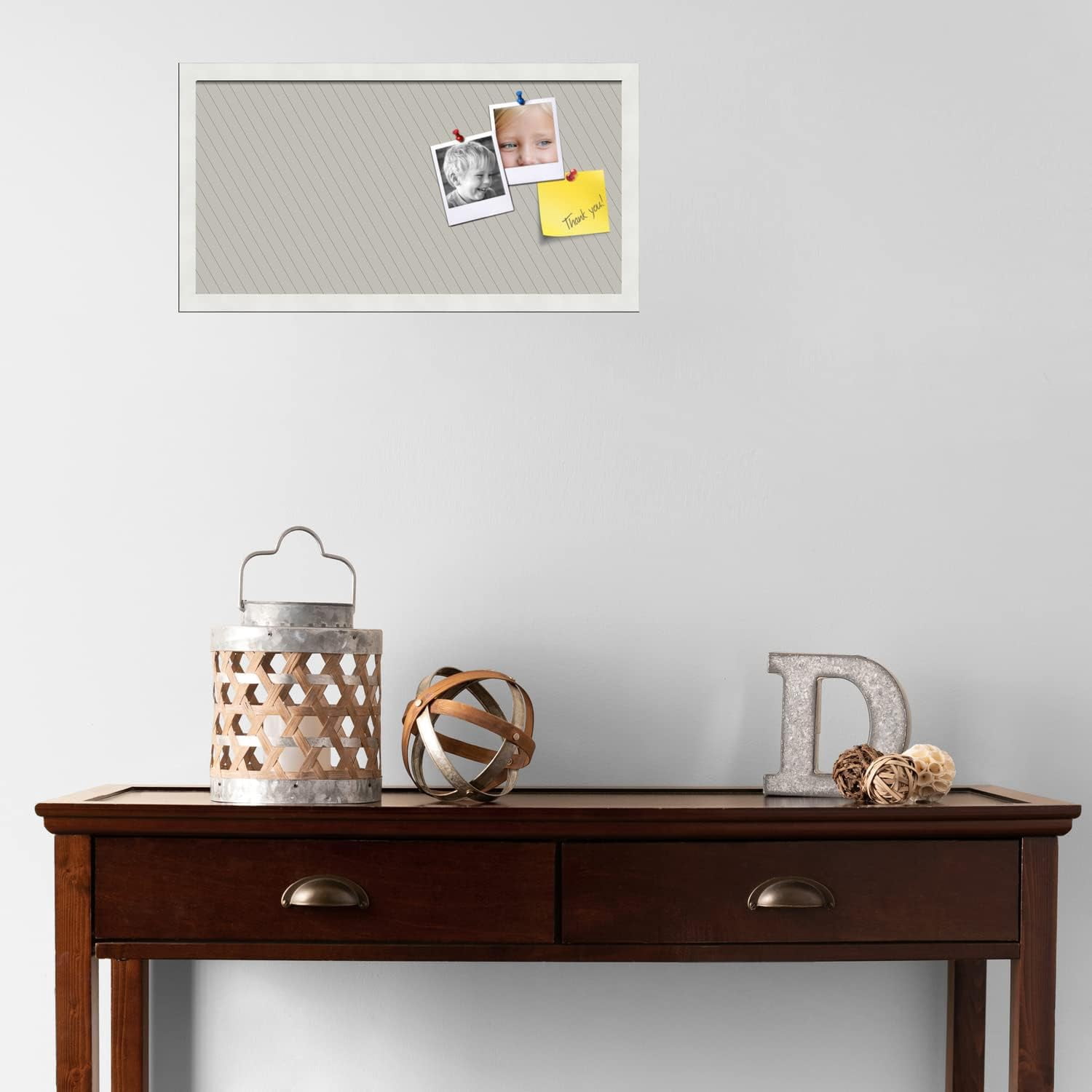 PinPix 24x12 inch Cork Bulletin Board. This Decorative Framed Pin Board Comes with Lux Stripes Pewter Design and Satin White Frame. Ideal for Home, Office Decor or School (PinPix-1671)