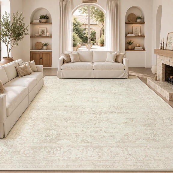 8x10 Beige Vintage Floral Area Rug Low Pile Non-Slip Washable Stain Resistant Indoor Carpet for Living Room Bedroom Dining Room Nursery Home Office