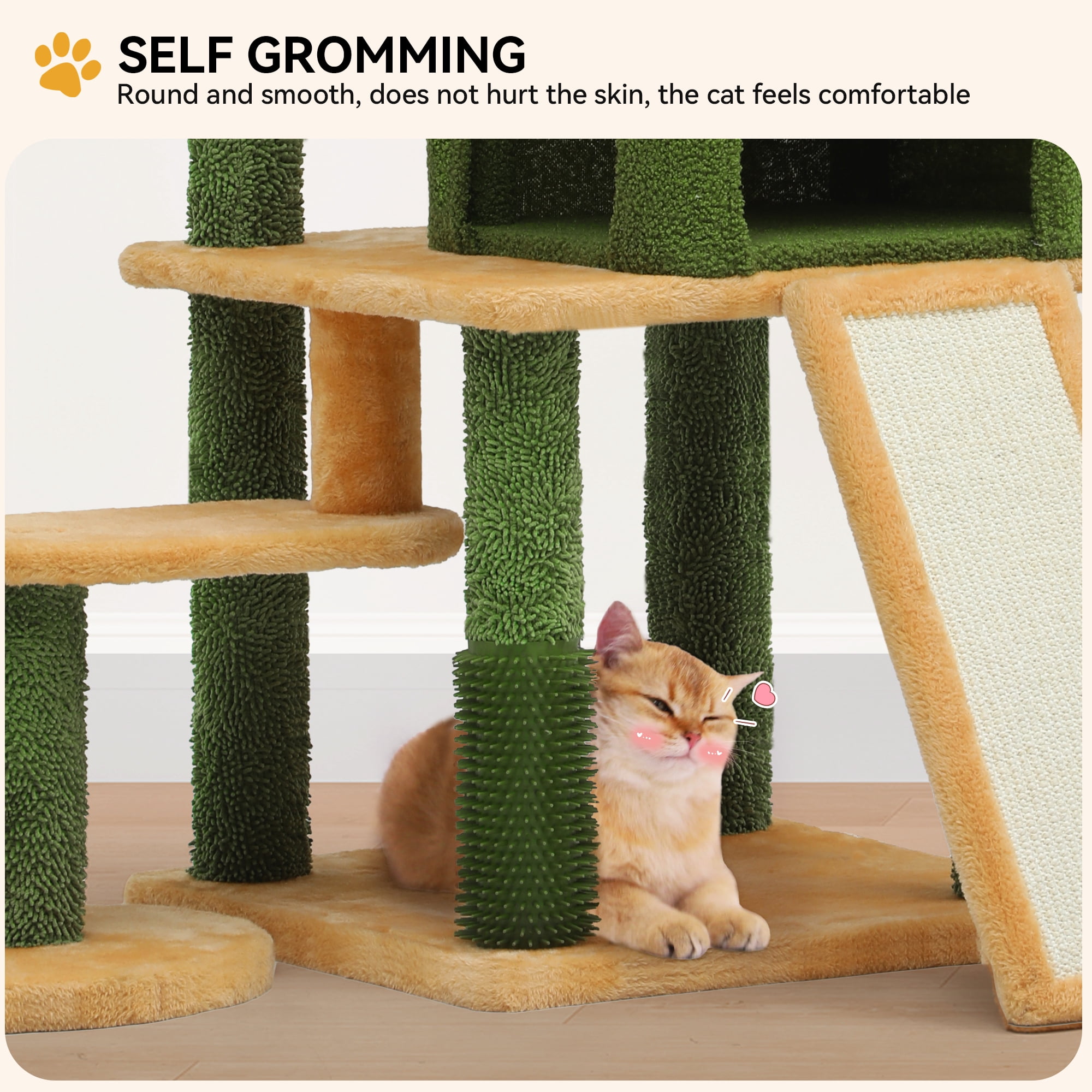 Uforic 73" Large Cactus Cat Tree Tower with Cat Scratching Posts Cozy Condo Perch for Indoor Cats, Green&Yellow