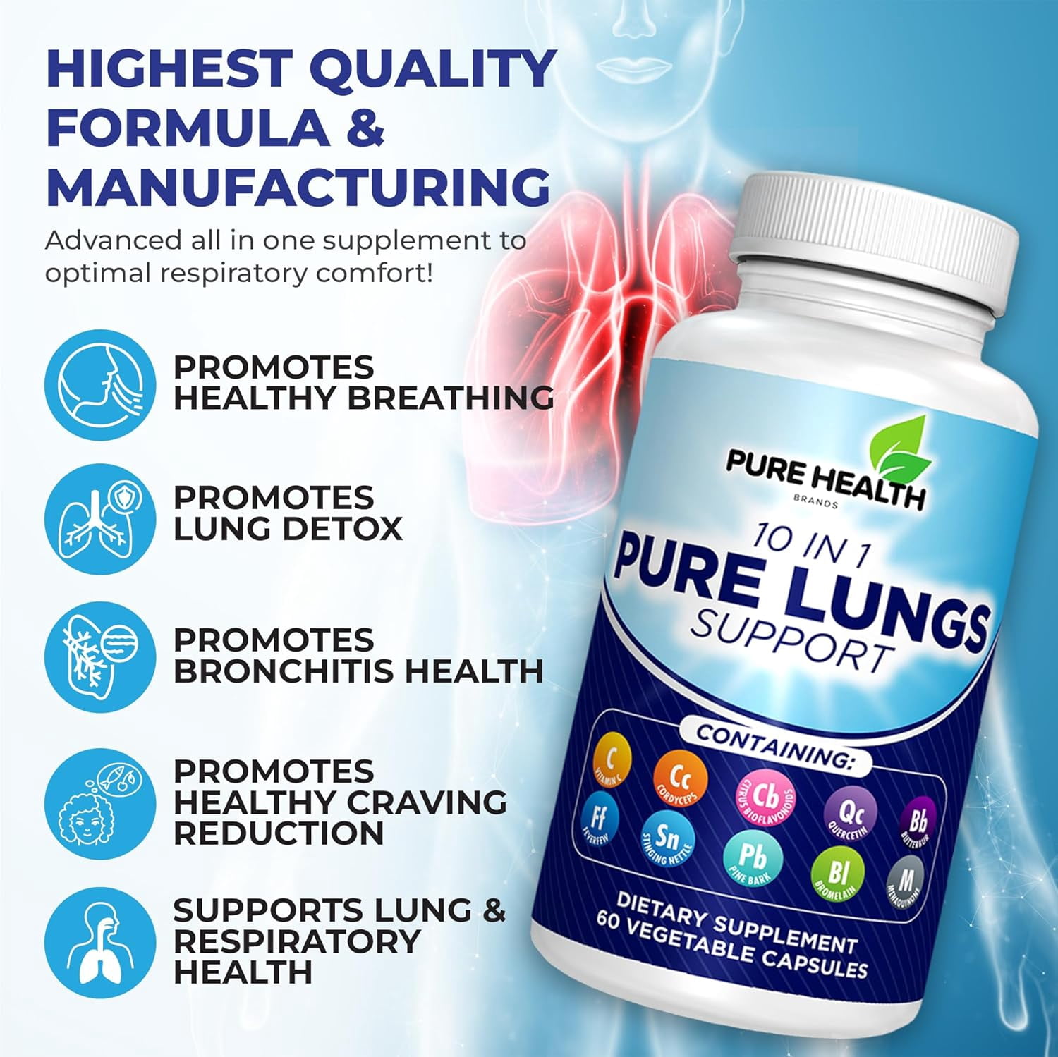 Pure Lungs Support – 10-in-1 Lung Cleanse & Detox Supplement for Smokers & Respiratory Health – with Quercetin, NAC, Cordyceps, Pine Bark, Vitamin C & Butterbur – 60 Capsules