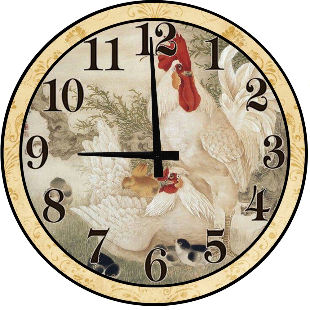 Round Wood Wall Clock Rooster Chicken Farmhouse Classic Large Clock