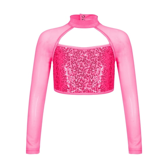 Doomiva Kids Girls Long Sleeve Shiny Hip Hop Jazz Latin Dance Crop Top Yoga Training Sport T-Shirt Hot Pink 16