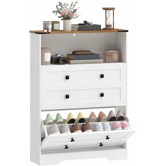 Armoire de Rangement pour Chaussures avec 2 Tiroirs Basculants, Armoire à Chaussures Étroite avec Tablettes Ajustables, Tablette Ouverte pour Entrée, Couloir, Peut Contenir 12-16 Paires, Blanc