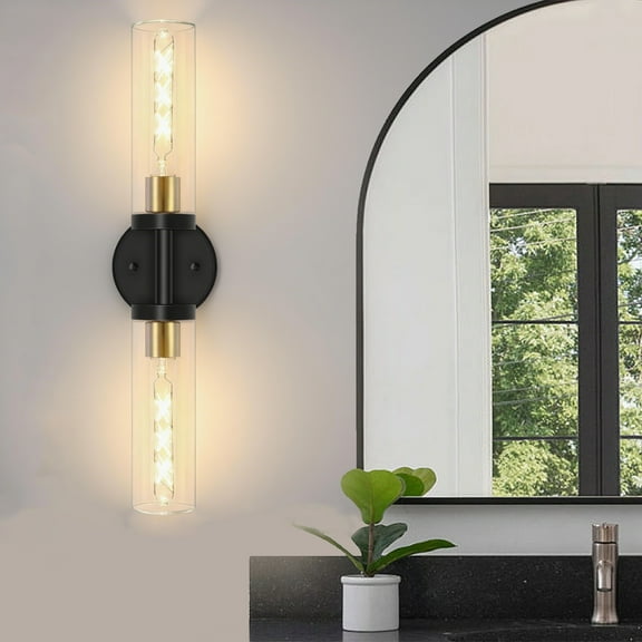 2-Light Vanity Light Glass Wall Sconce Black Gold Bathroom Sconce Wall Lighting with Clear Glass Modern Sconce Wall Decor Wall Light fixture for Bathroom Mirror Living Room Hallway