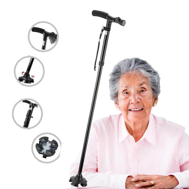 ORZEL Bastón para Caminar Ajustable con Base de 4 Apoyos y Luz LED, Bastón de Apoyo para Adultos Mayores, Uso Interior y Exterior