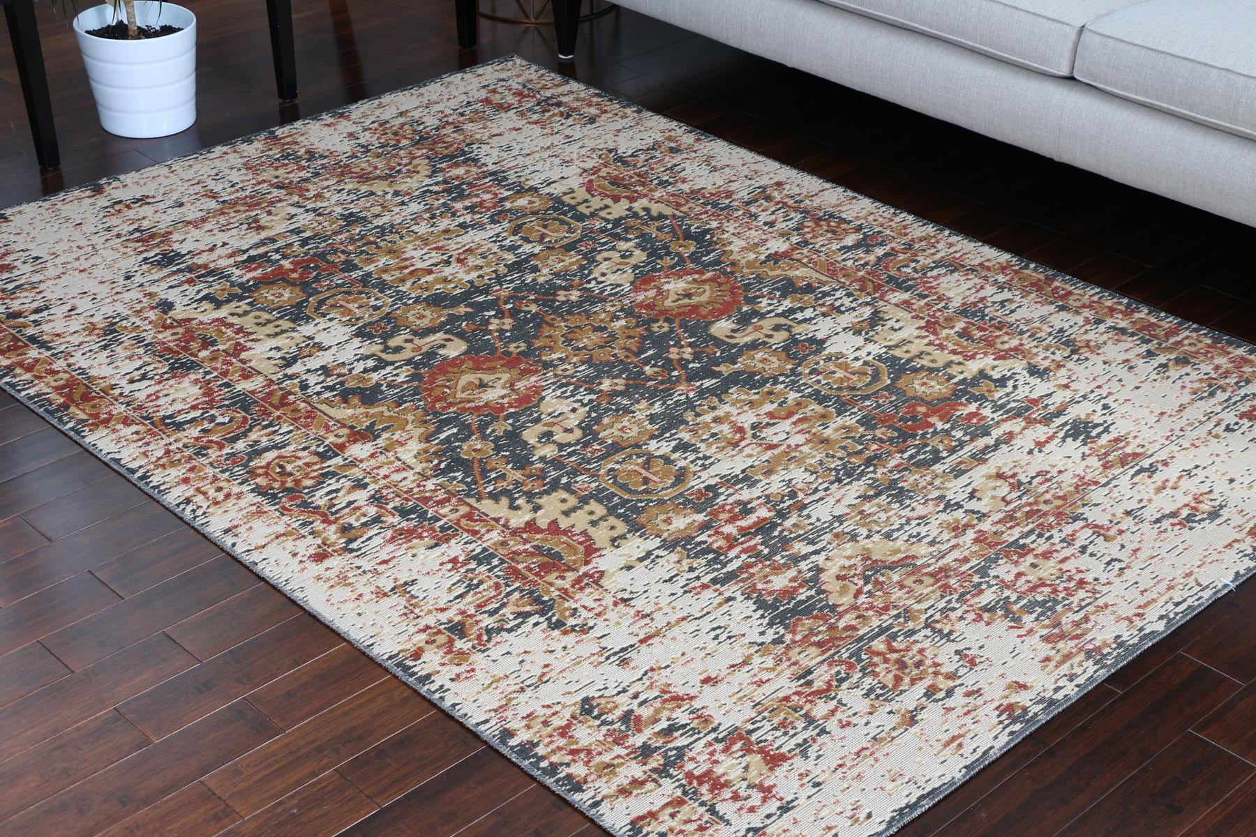 Antique Blue Beige Rust Worn Area Rug