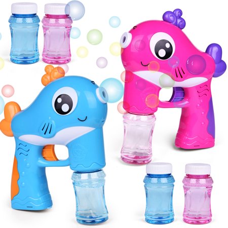 Fun Little Toys 2 Pcs Bubble Guns 4 Bottles Bubble Solutions for Kids and Adults  Bubble Maker with Music and Light  Bubble Blower