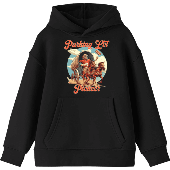 "Parking Lot Pioneer" Old West Wagon Football Cowboy Youth Black Long Sleeve Hoodie-Medium
