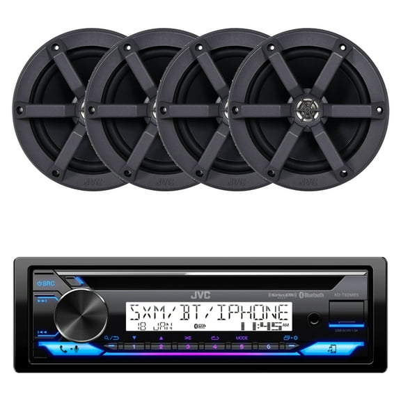 JVC KD-T92MBS Single DIN Marine MotorSports USB Bluetooth AM/FM Stereo CD Player Receiver with 4x JVC CS-MS620 6.5" 100 Watt Max Power 2-Way Boat Audio Speakers