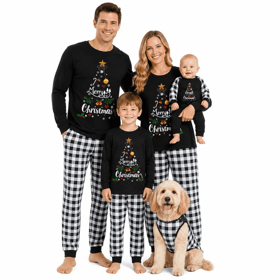AceBaby Family Matching Christmas Pajamas Set Plaid and Letter Print Holiday Sleepwear PJs