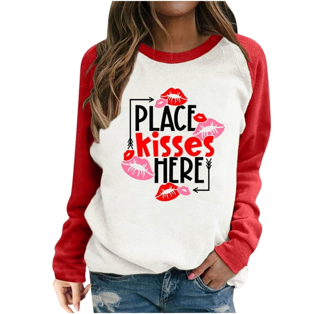 RKSTN Chandail pour Femmes 2024 Mode Lettres et Cœur d'Amour Imprimé Chandail de la Saint-Valentin Manches Longues Col Rond Hauts à Empiècements